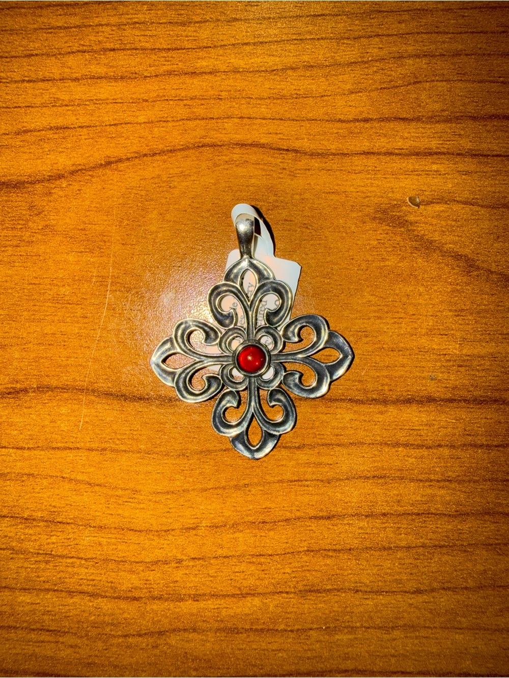 James Avery Silver Filigree Cross Pendant with Red Center Stone